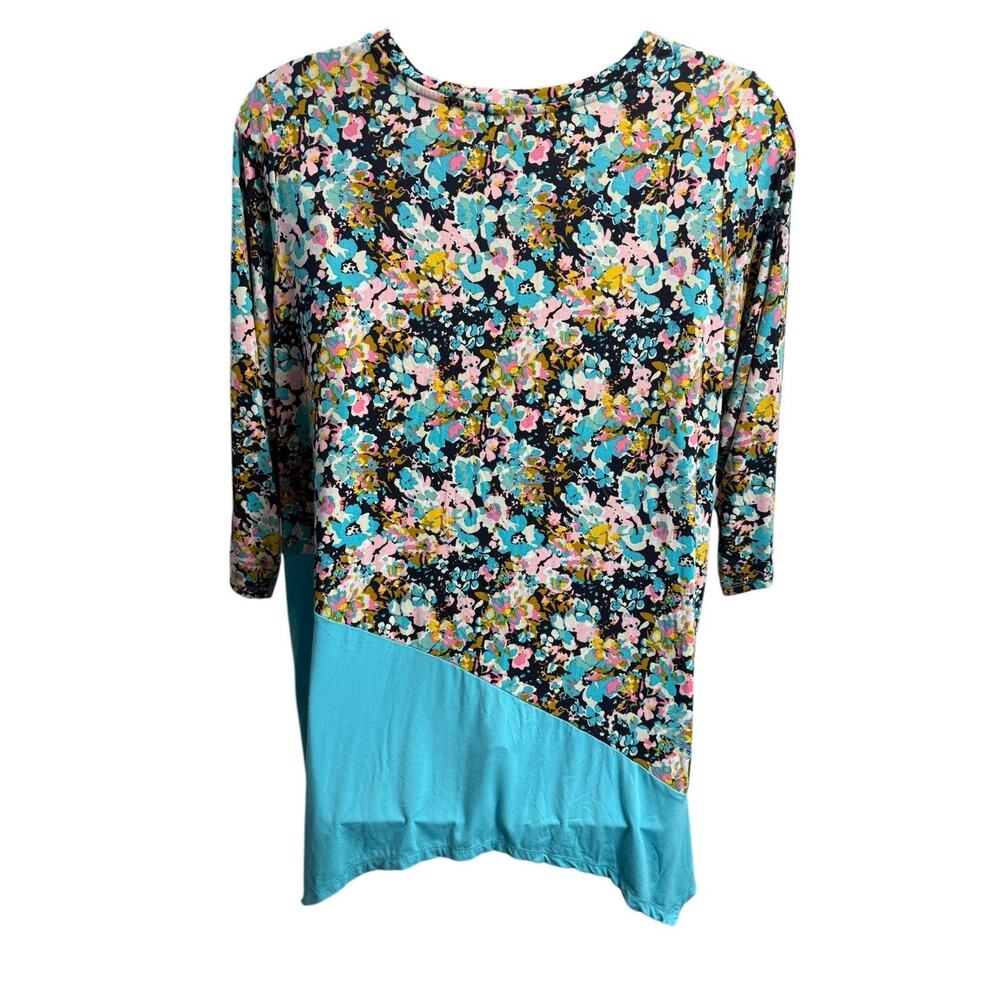 Lori Goldstein LOGO Top Women 2X Blue Floral Pockets Lagenlook Asymmetric Tunic - Picture 2 of 6